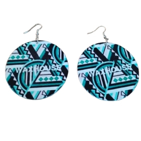 WAXHOUSE Teal Black Geometric Tribal African Wax Print Round Drop Earrings - Picture 2 of 5